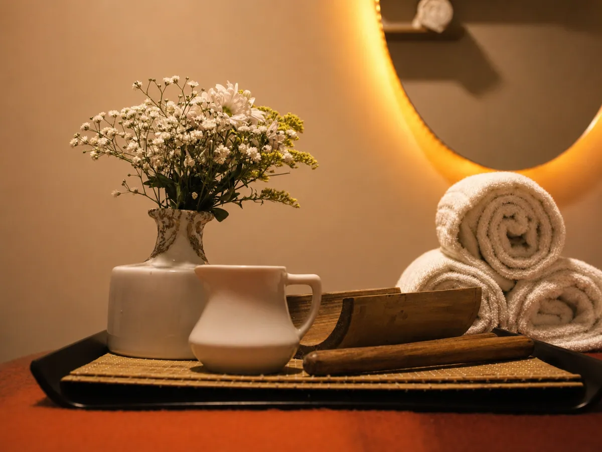 Detalhes de toalhas e flores no ambiente do Ikigai Spa